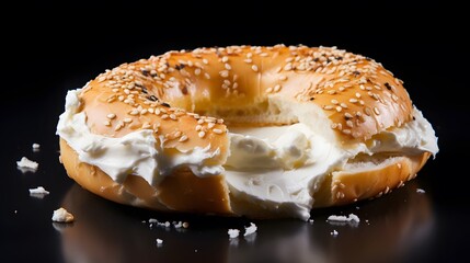 Freshly baked bagel filled with cream. A healthy breakfast food.