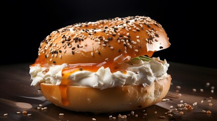 Freshly baked bagel filled with cream. A healthy breakfast food. - obrazy, fototapety, plakaty