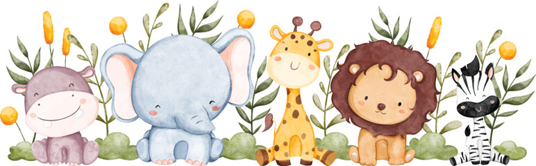 Watercolor Illustration safari animals in garden with tropical leaves © Stella