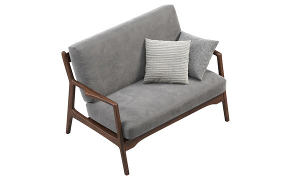 Midcentury gray velvet upholstery loveseat sofa with wooden base. 3d render