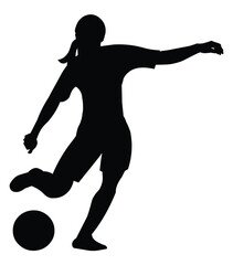 Black isolated vector silhouette of a women's football player in t-shirt going to kick the ball with her foot