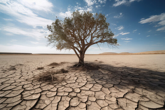 Cracked Earth and wilted tree depict severe drought caused by climate change, generative AI © Kien