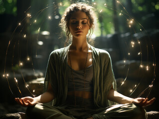 Awakening through mystical meditation. A woman in lotus pose in the forest, practicing yoga and mindfulness exercises until reaching nirvana - Generative AI