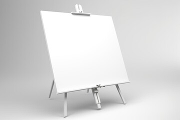 An easel for drawing with a white blank canvas on a white background.