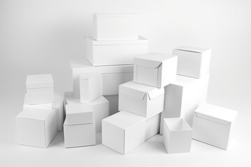 Pile of empty white cardboard boxes on a white background. Container for transportation and storage.