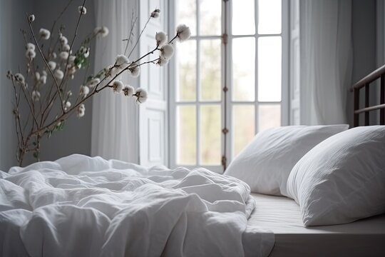 Bed with white clean cotton linens in the room against the background of the window.