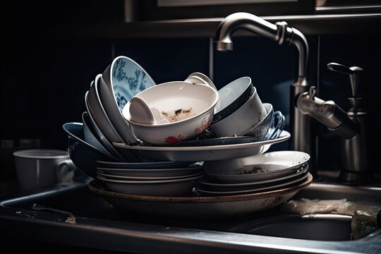 A pile of dirty dishes in the kitchen sink.