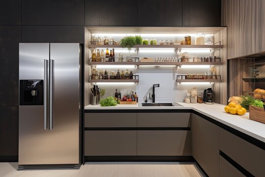 Modern kitchen design with open shelves filled with food.
