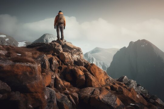 A guy with a backpack stands on a rock with a gorgeous view of the mountains. Hiking.