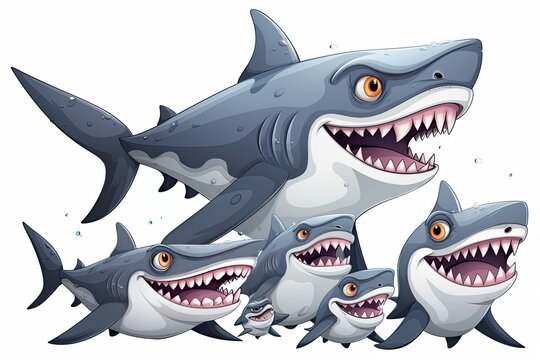 Illustration of a cartoon family of sharks on a white background.