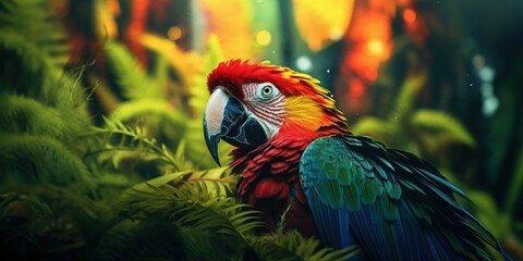 Beautiful parrot in a vibrant, colorful jungle or forest setting