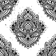 Fox mandala ornament. Vector illustration. Flower Ethnic drawing. Fox animal nature in Zen boho style. Coloring page black and white