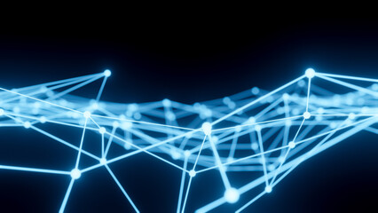 Obraz premium Abstract 3D glowing blue wireframe structure, virtual connection network digital technology, science concept, big data visualization isolated on black background