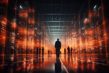 Shot of man walking Data Center, Database, Data storage, Backup, Cyber security and futuristic concept. AI Generative