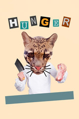 Vertical creative composite illustration photo collage of funny chef cut meat prepares delicious...