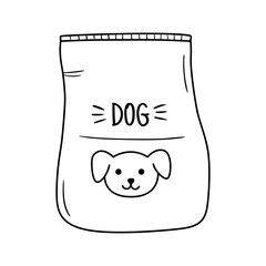 Hand drawn illustraion of pet food pack. Doodle drawing of dog's dinner. Petshop object. Vector scribble graphic