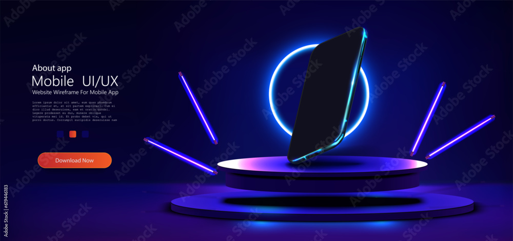 Poster smartphone mobile screen, technology mobile display light. realistic neon podium scene for product d