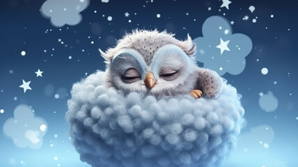 Obraz premium owl sleeps on a cloud watercolor. Generative AI