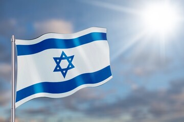 Israel flags over cloudy on blue sky background.