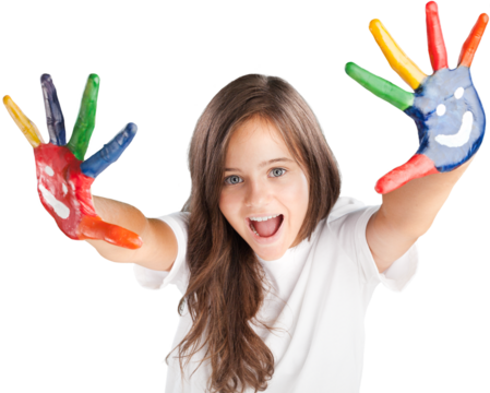 Girl with hands painted in colorful paints ready to make hand prints