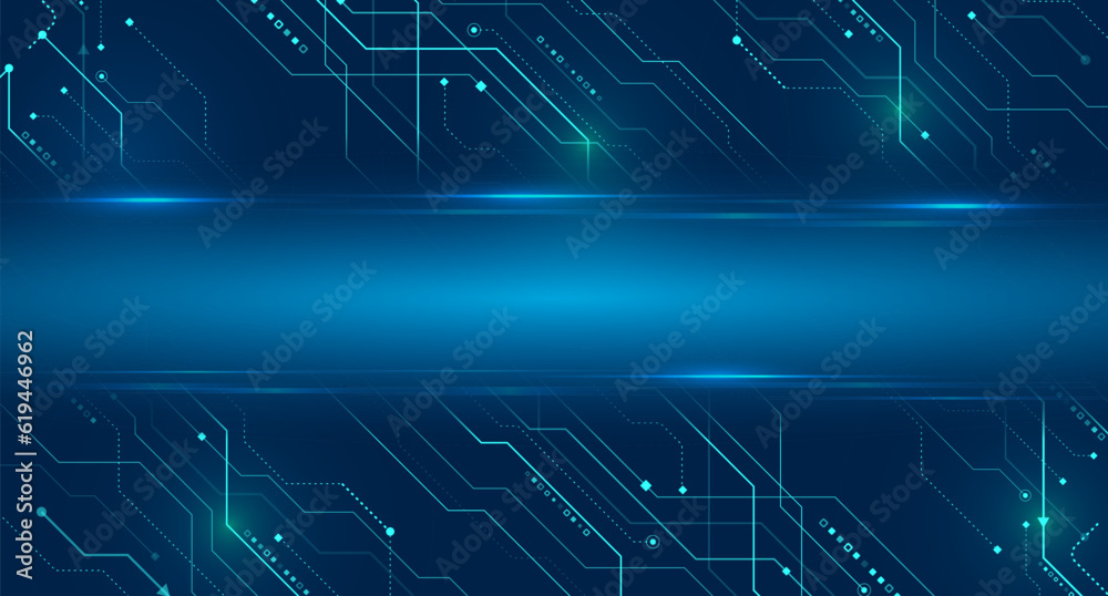 Poster Wide Cyber security internet and networking concept. Hi-tech vector illustration with various technology elements. Abstract circuit board. Digital internet communication on blue background.