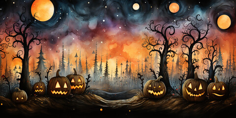 A painting of halloween pumpkins in a spooky forest. Generative AI. Cute Halloween background.