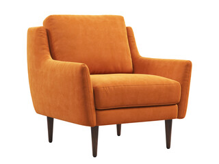 Scandinavian orange velvet upholstery armchair with wooden legs. 3d render.