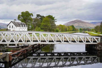 The open swing railbridge in Banavie is at the end of the staircase lock at the Caledonian canal.