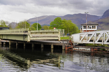 The open swing bridge in Banavie is at the end of the staircase lock at the Caledonian canal and carries the road A380.