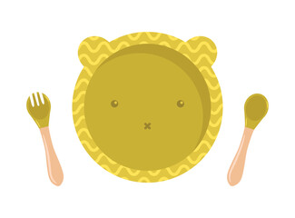 Set of silicone dishware for baby vector. First baby food concept, serving food for kids. Kid tableware set children dish flat 