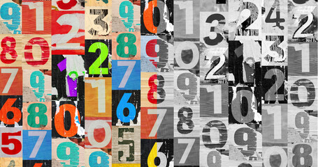Collage of many numbers and letters ripped torn advertisement street posters grunge creased...
