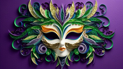 A paper mask with green, yellow, and purple feathers. Generative AI.