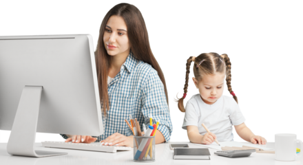 Happy busy mother working with a child on laptop