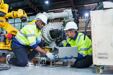 Team of Manager Architectural engineer checks and control automation robot arms machine in an intelligent factory Industry 4.0.
Welding robotics and digital manufacturing operation.