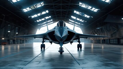 Powerful military fighter jet parked in military hangar.