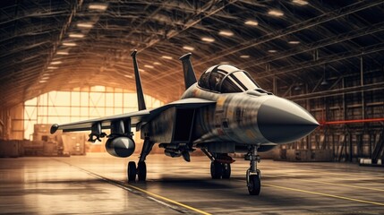 military fighter jet aircraft parked in military hangar at the base airforce, Standby ready to take off for military mission.