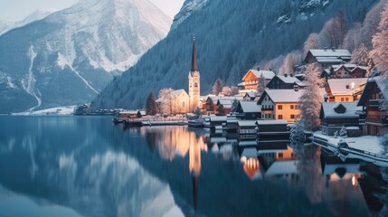 Obraz premium The idyllic village of Hallstatt with lake in the Austrian Alps, In winter time covered with snow.