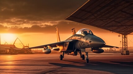 Fototapeta na wymiar Military jet fighter plane parked in a hangar at sunset.