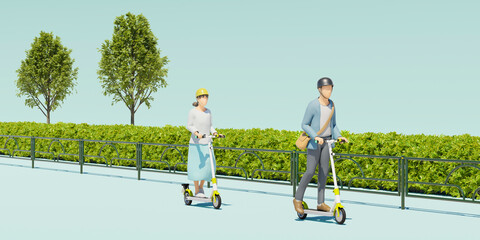 電動キックボードに乗って車道を走行する人々 / バイクシェアリング・都市型電動モビリティのコンセプトイメージ