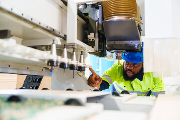 Industrial carpenter man checking the drill of cutting wood on CNC milling machine  in carpentry...