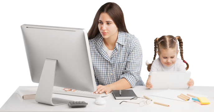 Happy busy mother working with a child on laptop