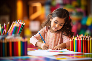 Girl in school painting and drawing. Back to school and learning concept