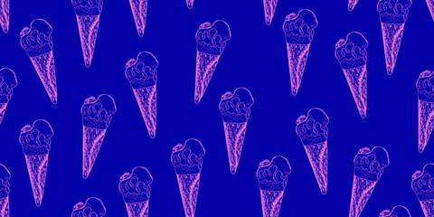 Seamless pattern with ice cream in waffle cone with caramel topping and piece of chocolate. Dark blue background with sketch style ice cream. Frozen dessert. Gelato drawing with hatching.