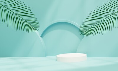 Obraz premium white podium on pastel blue background with palm leaves and sunlight elements, 3D rendering illustration