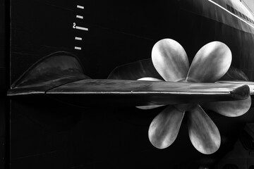 Huge shiny submarine propeller, close up black and white photo