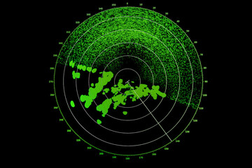 Radar screen with green indication on black background, close-up