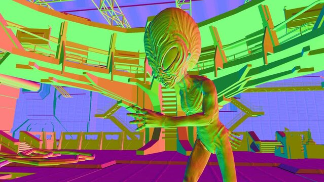 Seamless loopable animation of a rainbow alien swing dancing