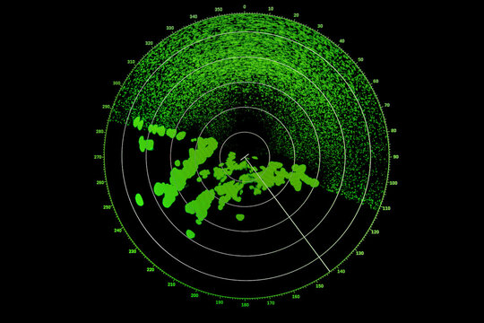 Radar screen with green indication on black background, close-up - Powered by Adobe