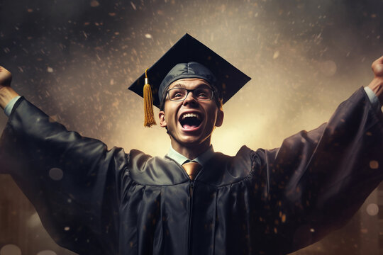 Portrait of graduate teen latin boy student in black graduation