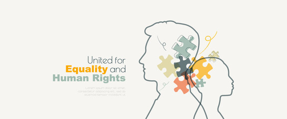 People with puzzles. United for Equality and Human Rights banner.
